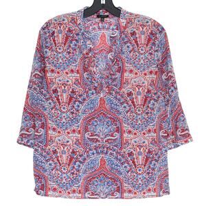 Talbots Top 3/4 Sleeve Abstract Boho Cottage Preppy Artsy Resort Red Blue Sz XS